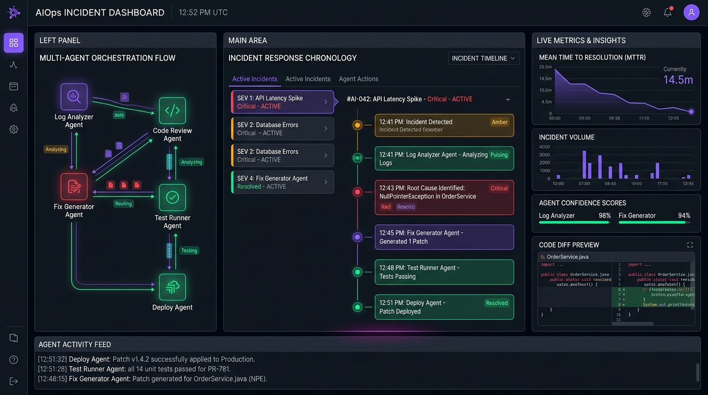 Multi-Agent AIOps — Autonomous Incident Detection, Root Cause Analysis, Fix Generation & Deployment System